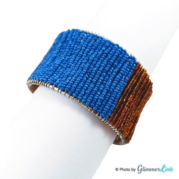 Brown & Royal Blue Wire Wrapped Beaded Bangle - Picture 2 of 8